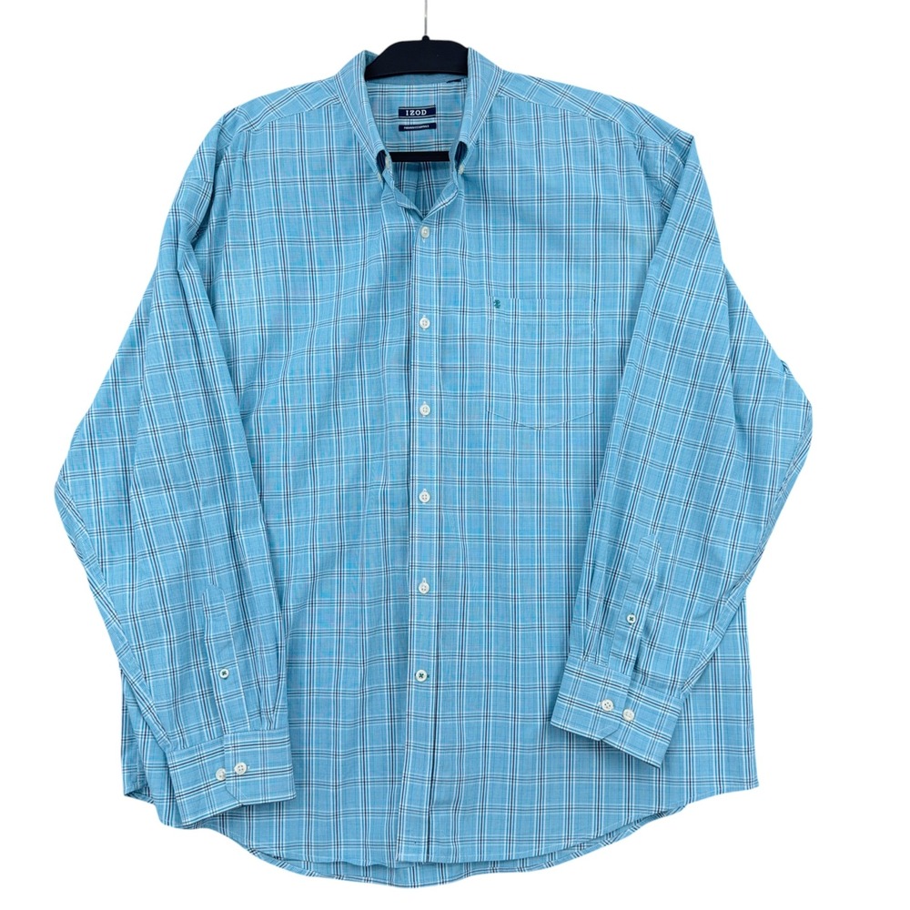IZOD Premium Essentials Plaid Button Down Shirt Mens 2XL Blue
